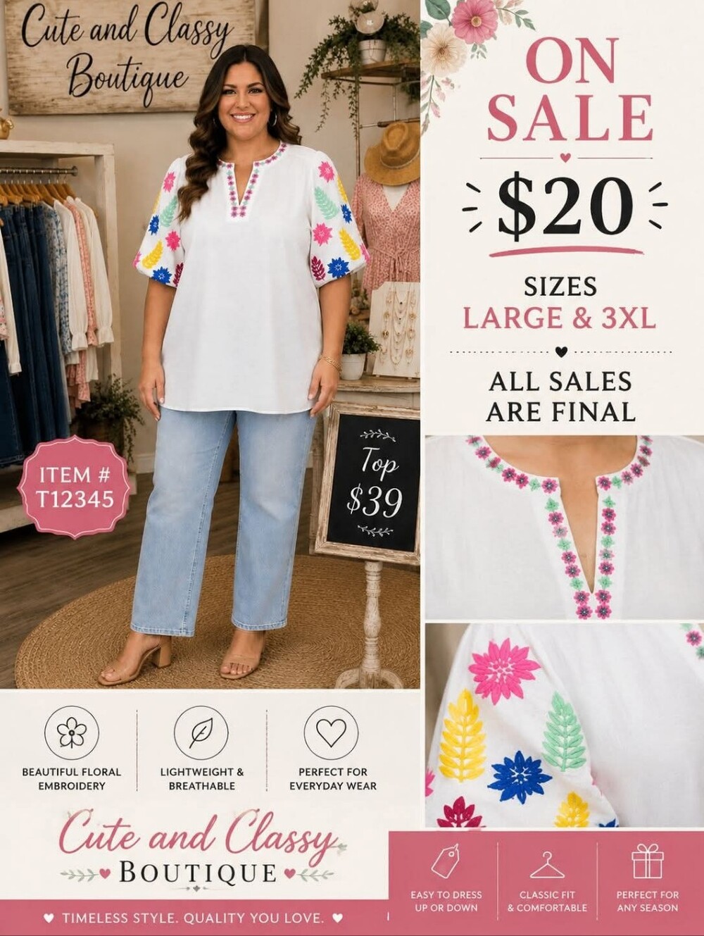White Embroidered Floral Sleeve Tunic - Large & 3XL